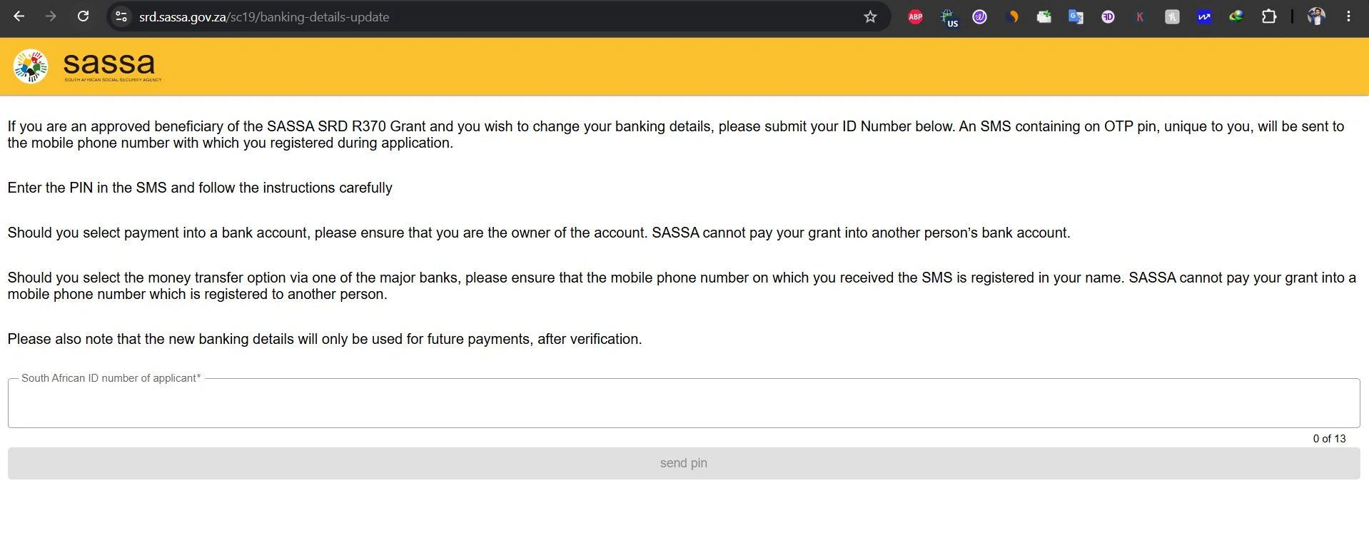 sassa srd change banking details online